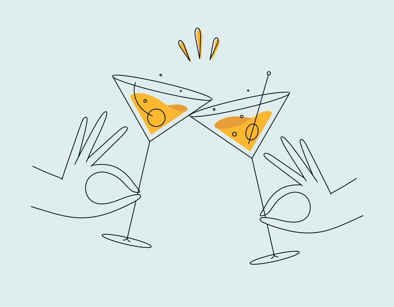 Hand holding cosmopolitan and manhattan cocktails clinking glasses drawing in flat line style on light background vector