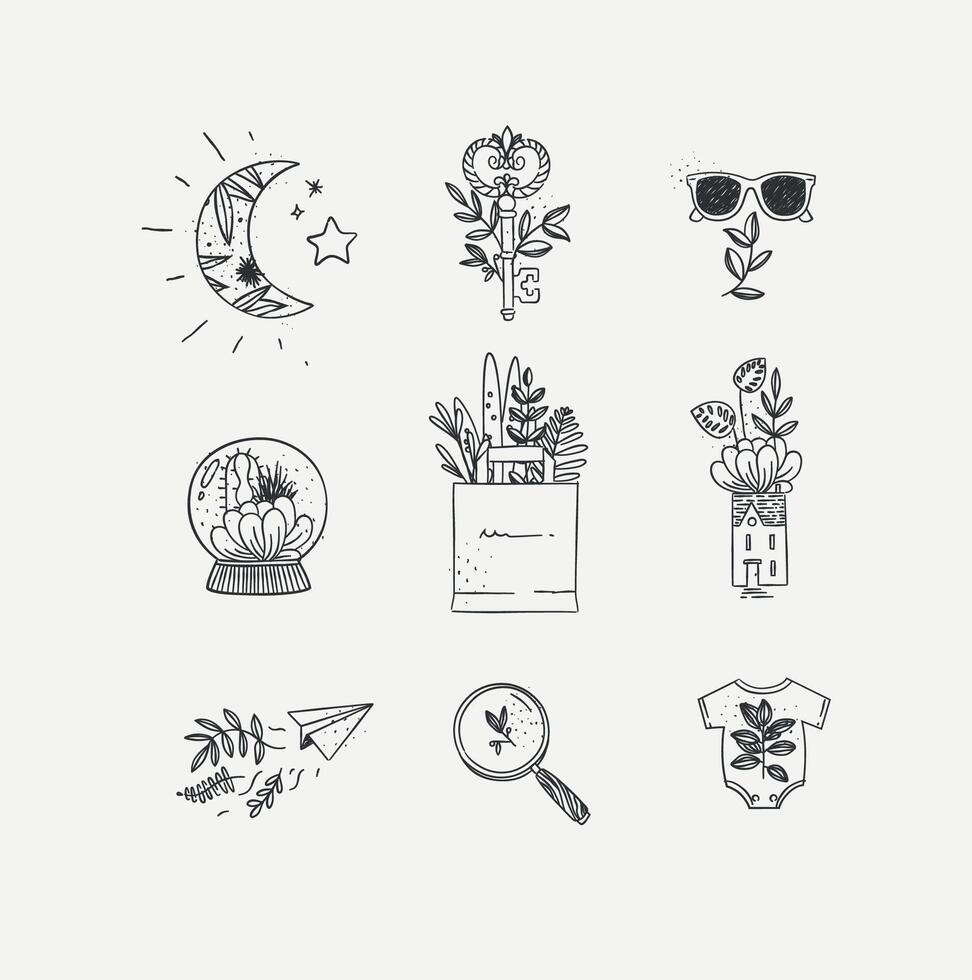 Set of nature icons in hand made line style moon, key, glasses, glass ball, grocery bag, house, paper plane, magnifier, baby clothes drawing on white background vector
