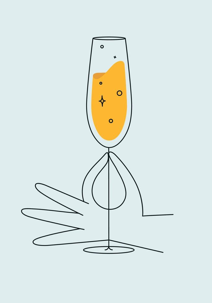 Hand holding glass of champagne drawing in flat line style on light background vector