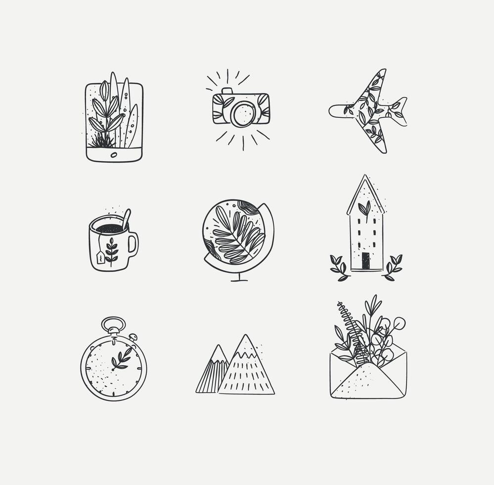 Set of travel nature icons in hand made line style tablet, camera, plane, tea cup, globe, house building, clock, mountains, envelope drawing on white background vector