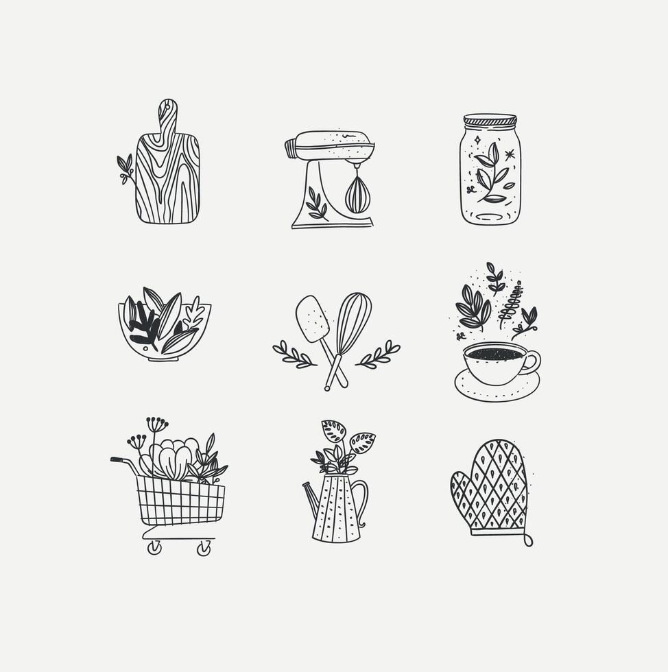 Set of floral kitchen icons in hand made line style cutting board, mixer, jar with lid, salad bowl, dough whisk, coffee cup, grocery cart, water jug for plants, oven mitts drawing on white background vector