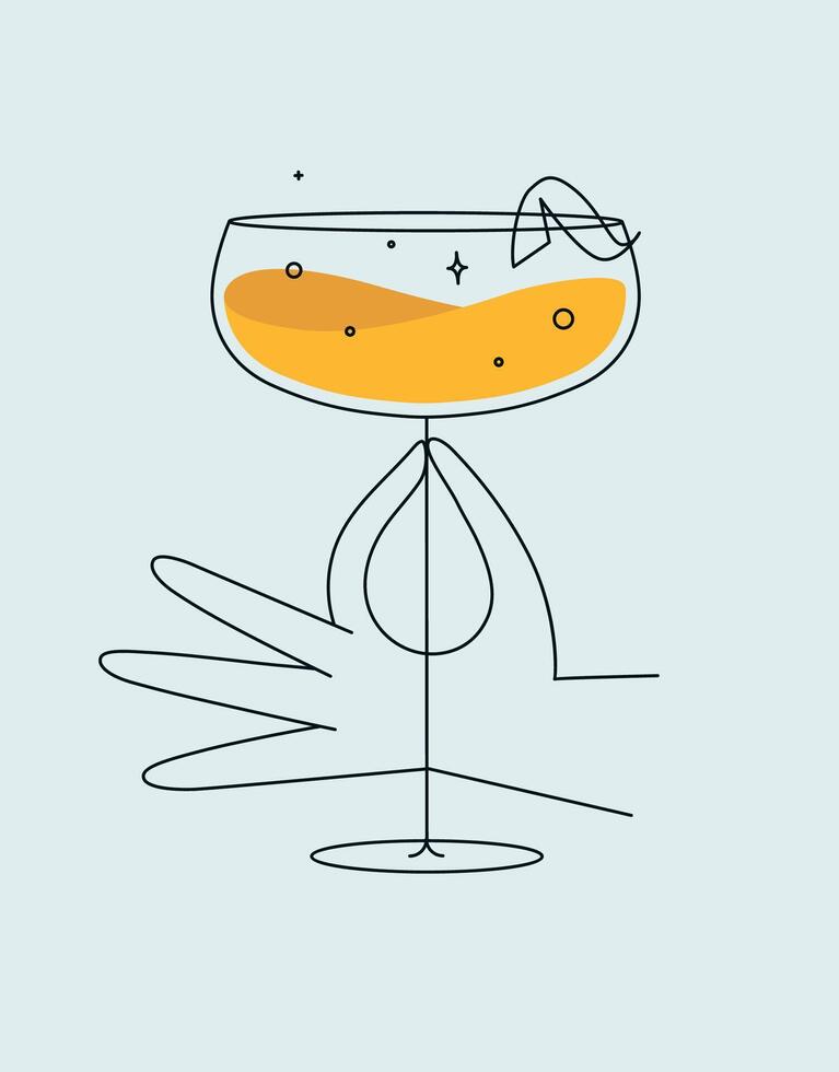 Hand holding glass of daiquiri cocktail drawing in flat line style on light background vector