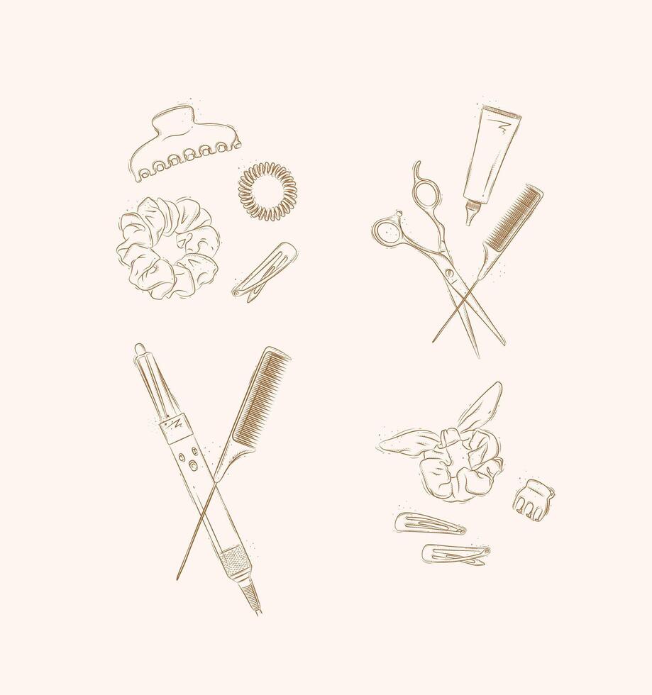 Collection of tools and accessories for creating hairstyles drawing on brown background vector
