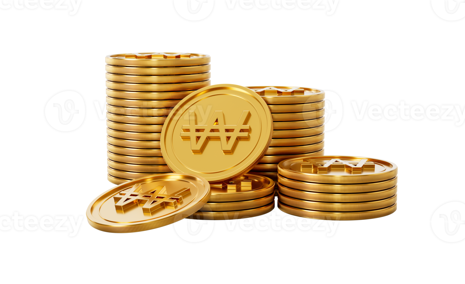 3d Stack Of Golden Korean Won Coins Shiny Rounded Coins Stack 3d Illustration png