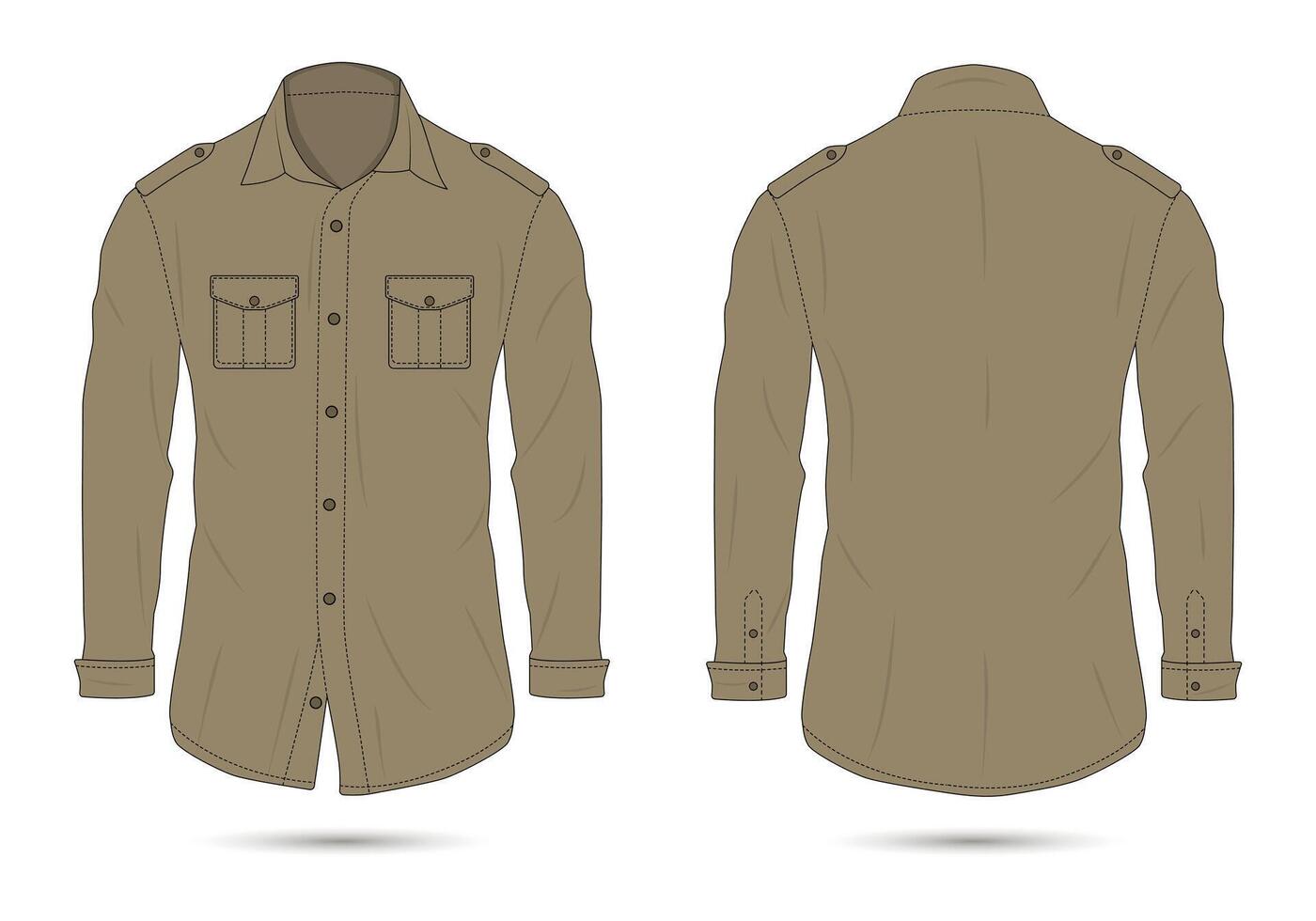 Brown outdoor button-up shirt mockup front and back view vector