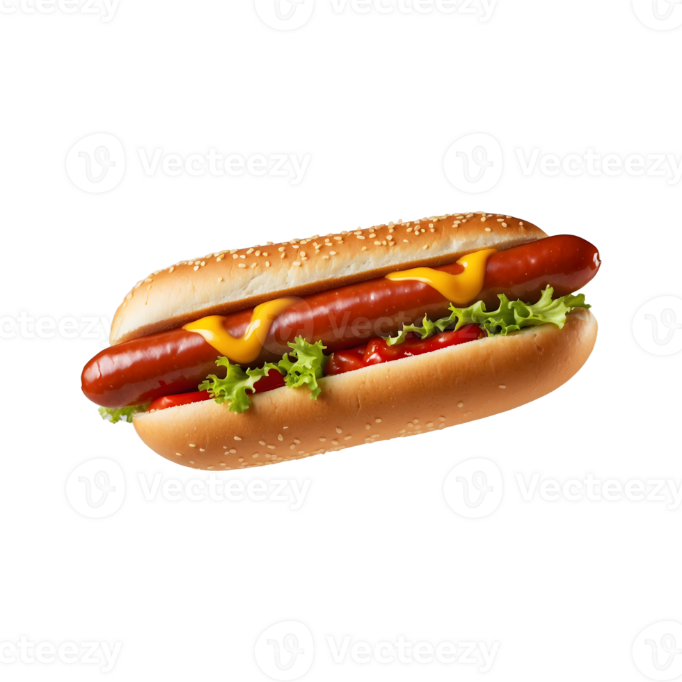 Tasty Combo Hotdog with Ketchup and Mustard Isolated on Transparent Background with tomato lettuce png
