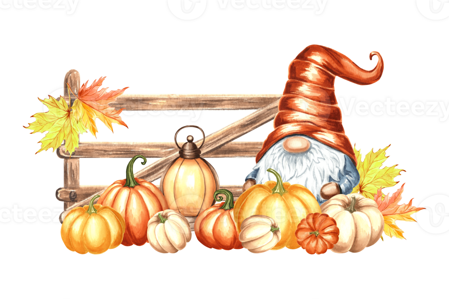 Gnome with Pumpkins, lantern and maple leaves near the fence. Hand drawn watercolor illustration isolated. Cartoon character for Fall decor and Thanksgiving. Autumn clipart for sticker, card, print. png