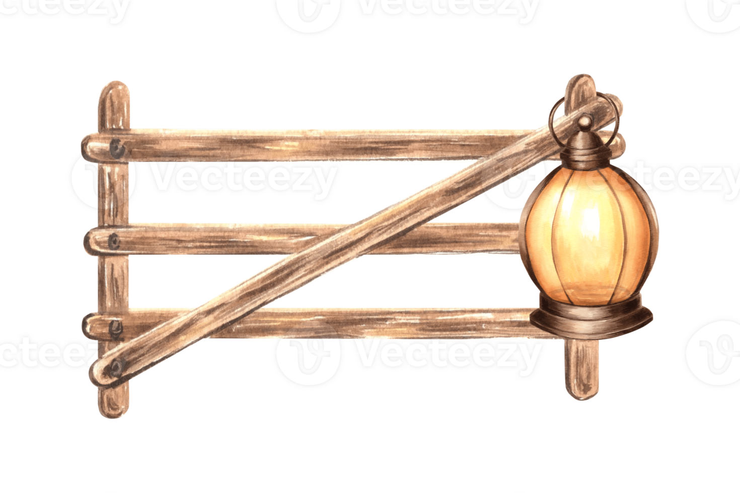 Lantern on wooden fence. Oil lamp with warm light hunging farmhouse gate. Hand drawn watercolor illustration isolated. Rustic vintage composition. Country life. Autumn clipart for sticker, card, print png