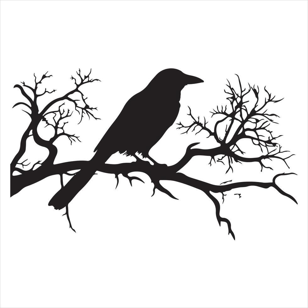 Ominous raven sitting on a bare tree branch silhouette white background vector