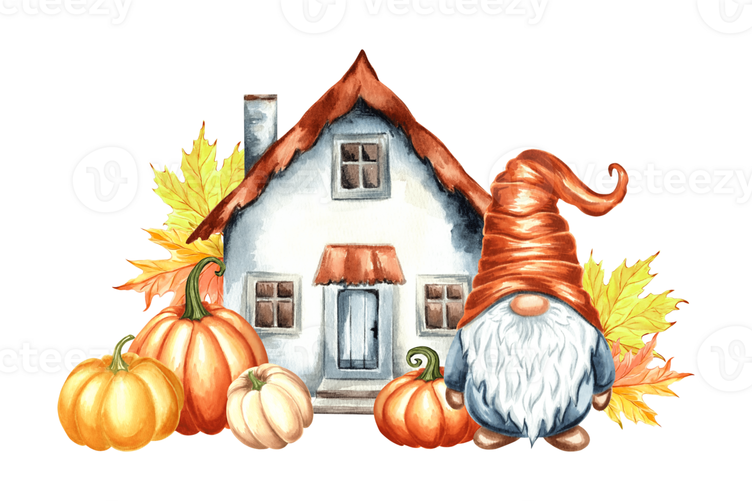 Gnome with Pumpkins near of cute garden house with maple leaves. Autumn composition for fall Harvest and Thanksgivin. Hand drawn watercolor illustration isolated Template for sticker, embroidery, card png