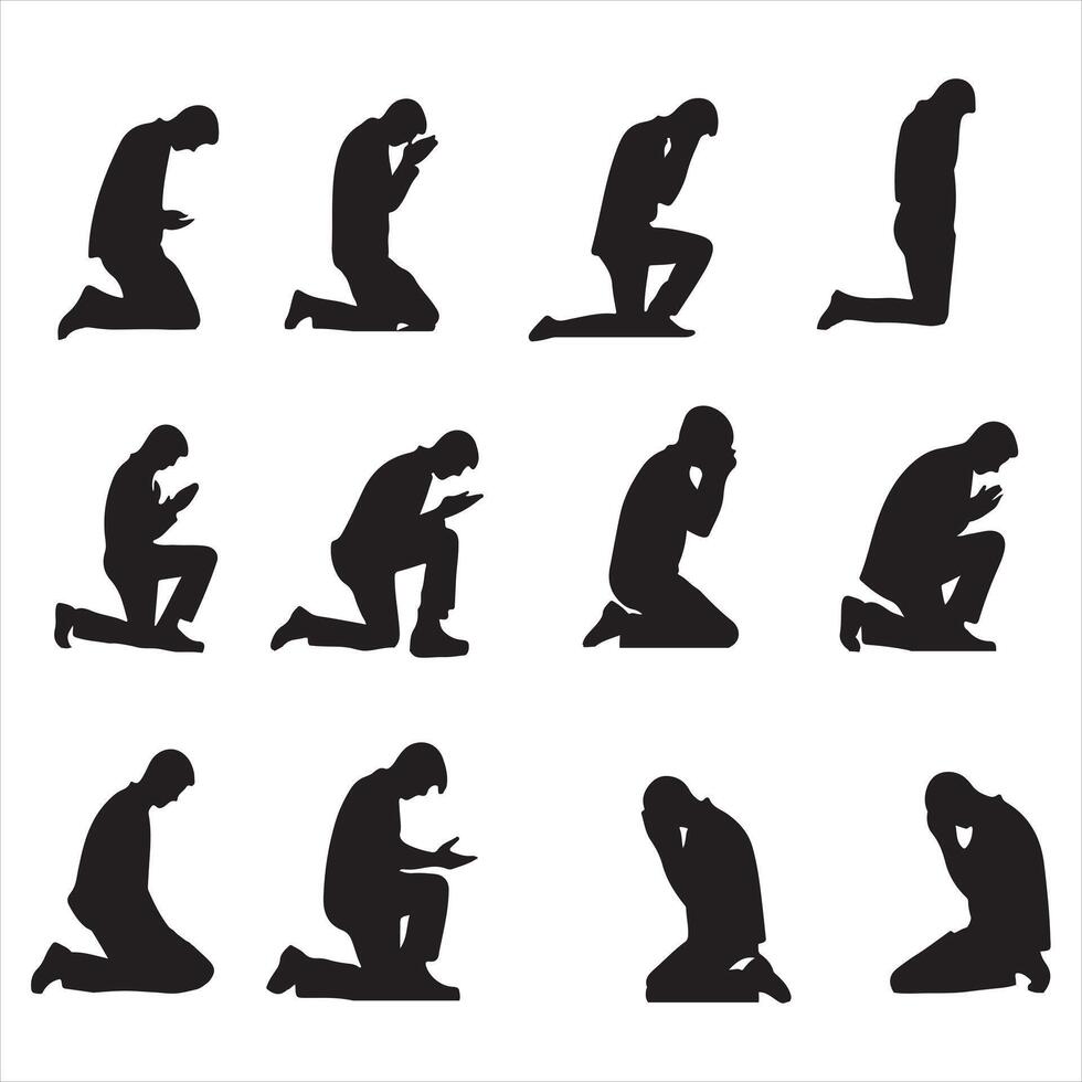 Man praying and praising God on knees silhouette white background vector