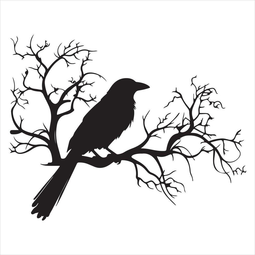 Ominous raven sitting on a bare tree branch silhouette white background vector