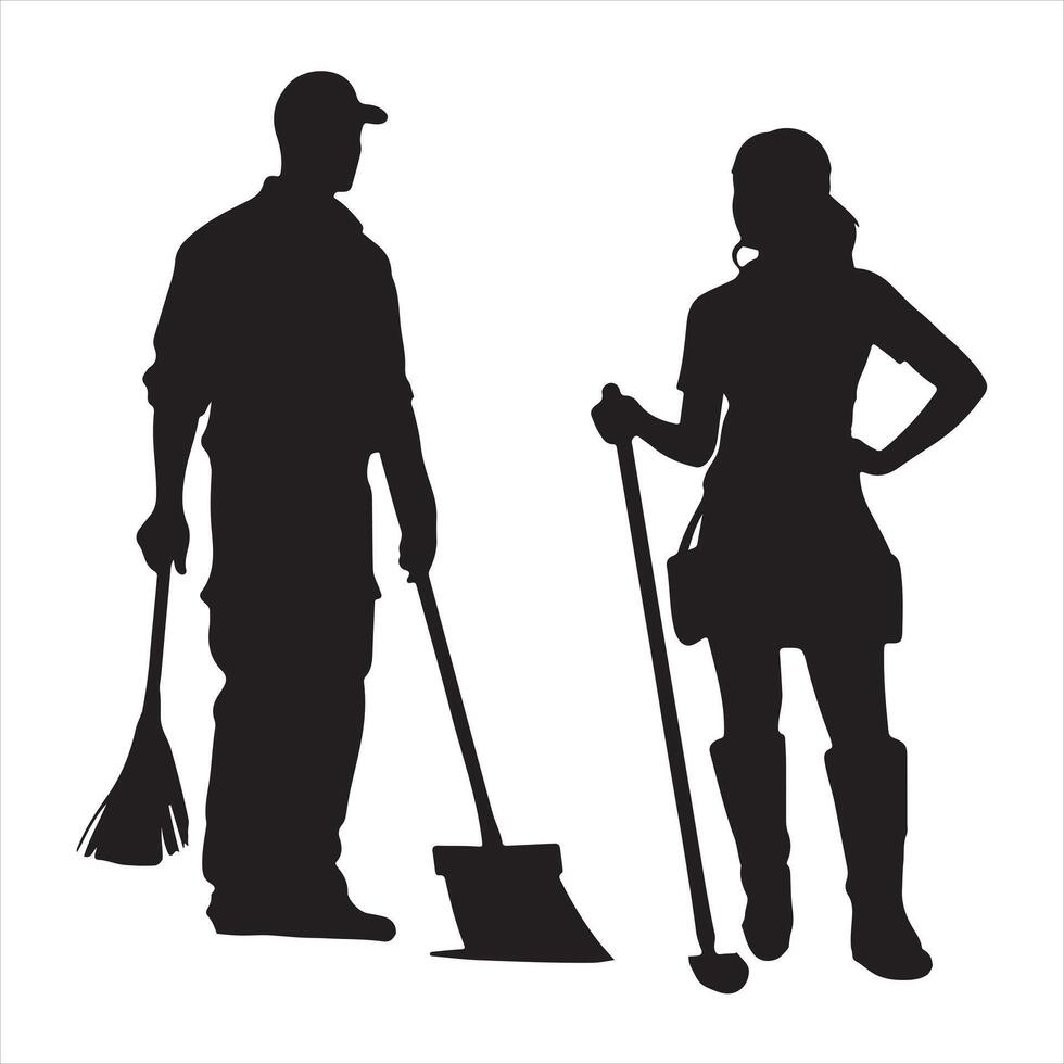 Cleaning service janitor workers silhouette white background vector