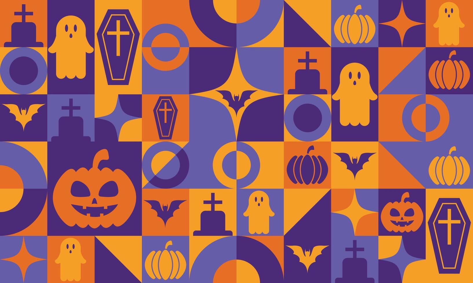 Modern abstract geometric Bauhaus pattern featured in Halloween banner for holiday celebration. horizontal banner with Bauhaus geometric elements including pumpkin, bat, ghost, and cemetery vector