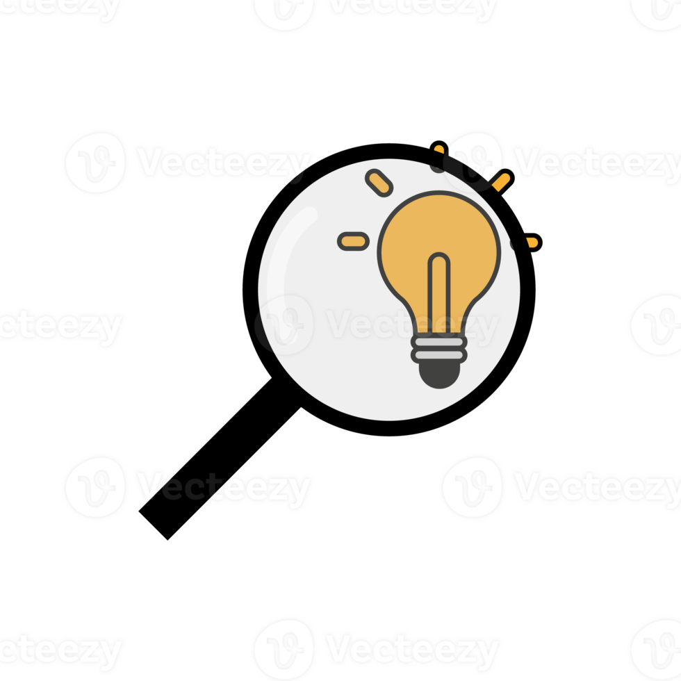 Creative idea concept, magnifying glass and light bulb icon png