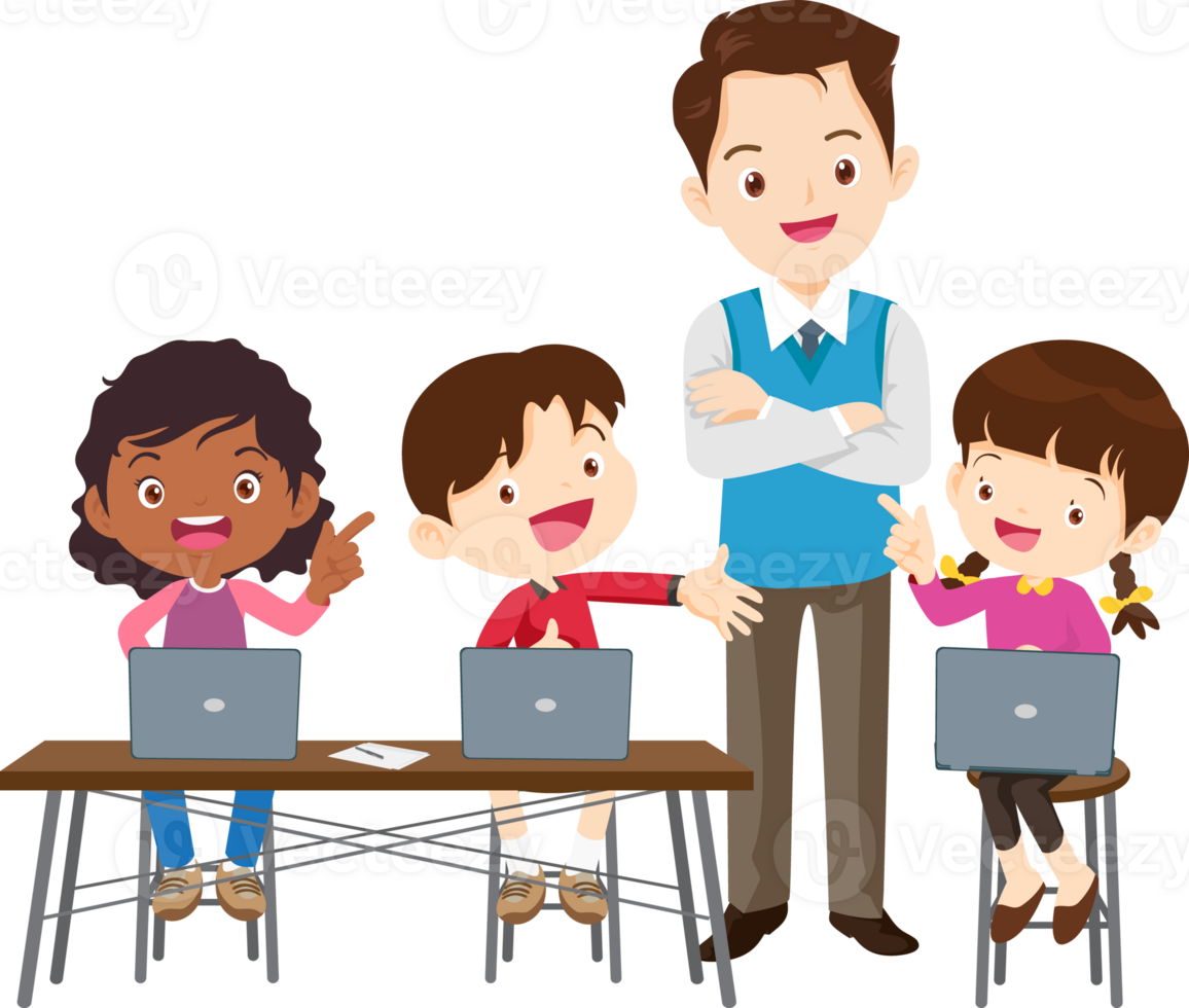 happy teacher and student learning computer png