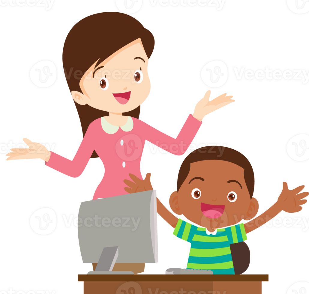 happy teacher and student learning computer png