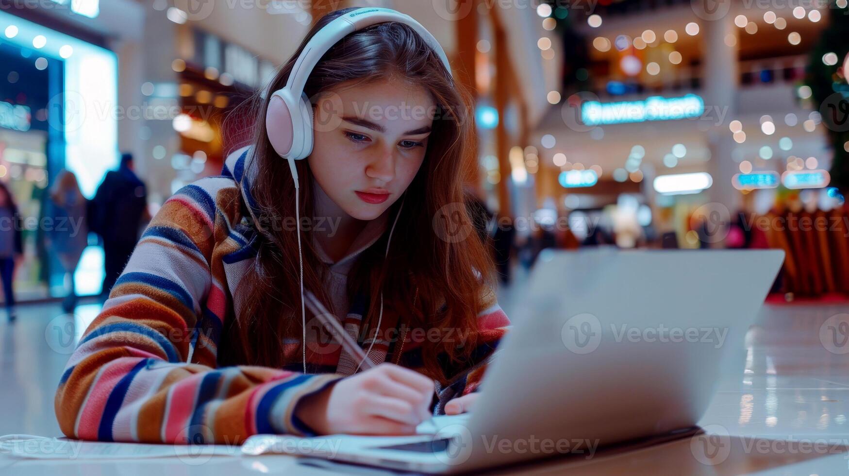 a young student woman listening to online learning lecture from earphones, writing summary, essay, notes in copybook photo