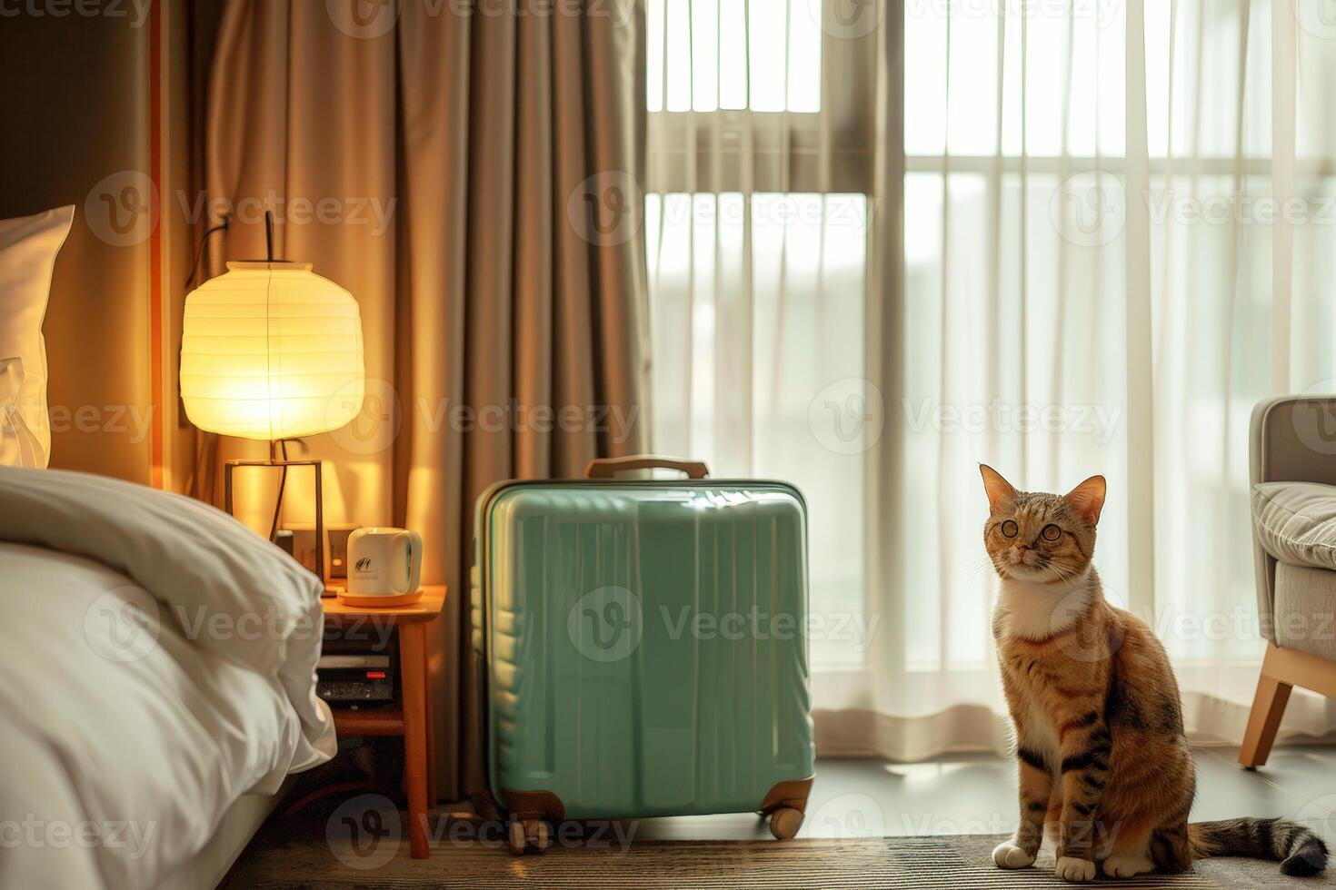 A cat sit near luggage in the a cozy hotel room with a neatly made bed. Creative concept Air transport of pets. photo imitation.