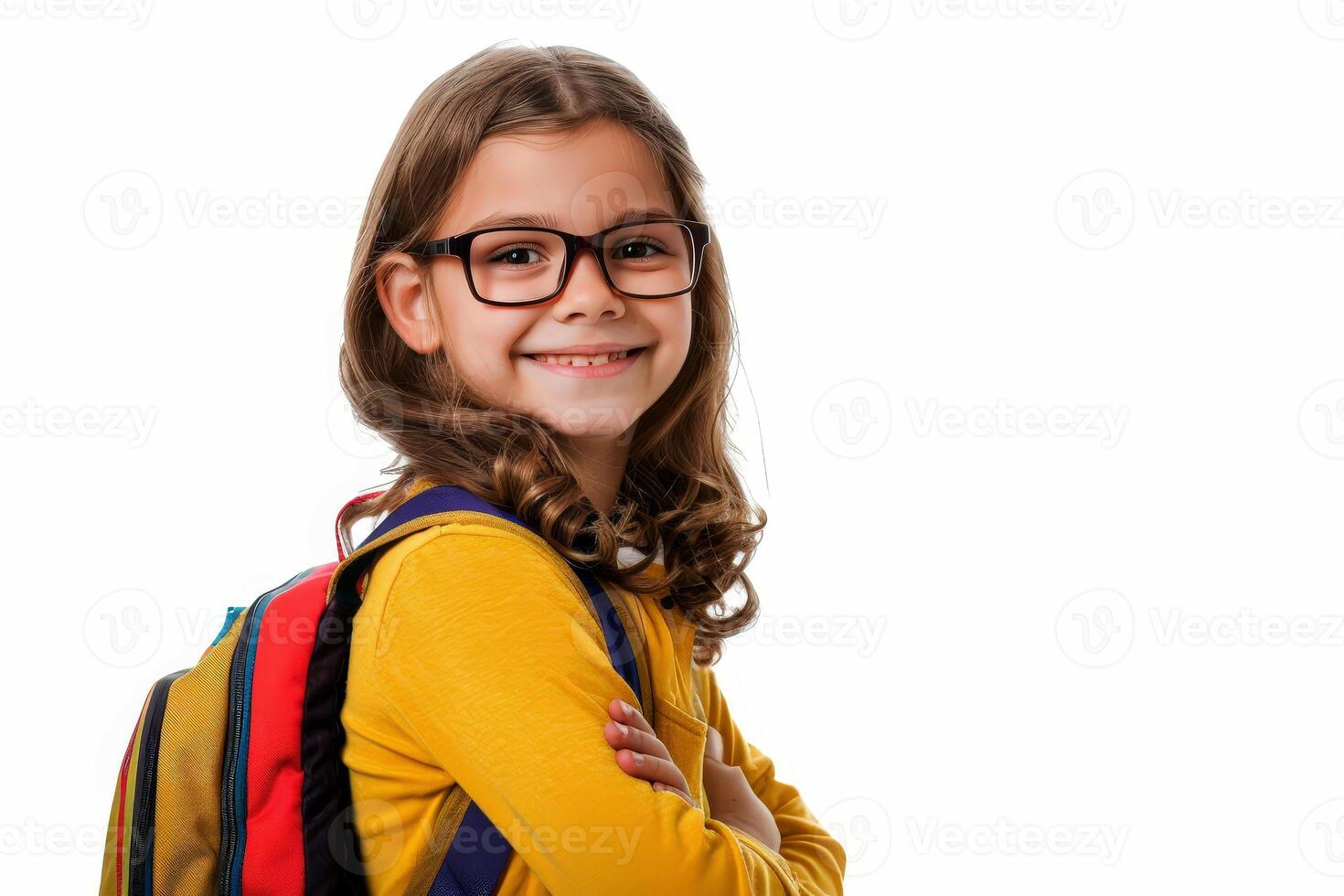 a girl with school backpack isolated on transparent white background. back to school concept photo