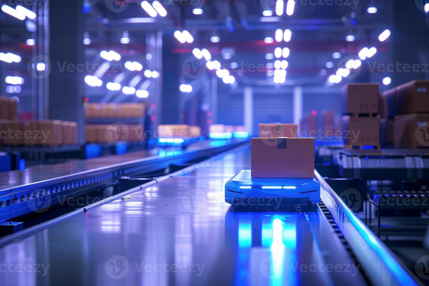 Sleek autonomous robotic vehicle with cardboard box navigating through the high-tech warehouse storage facility photo