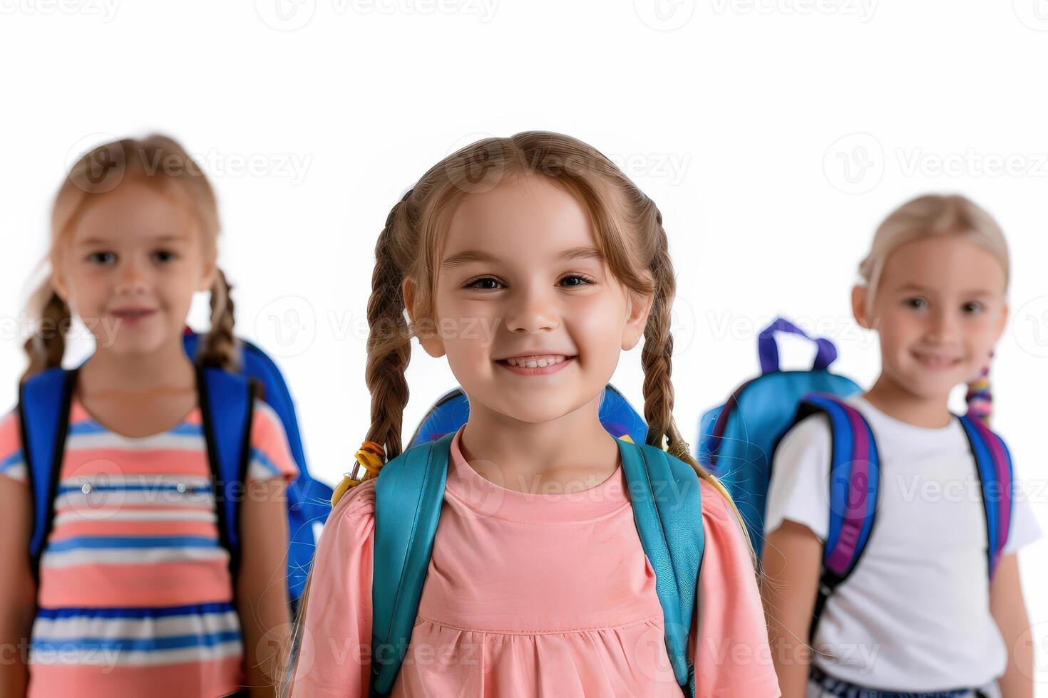 a girl with school backpack isolated on transparent white background. back to school concept photo