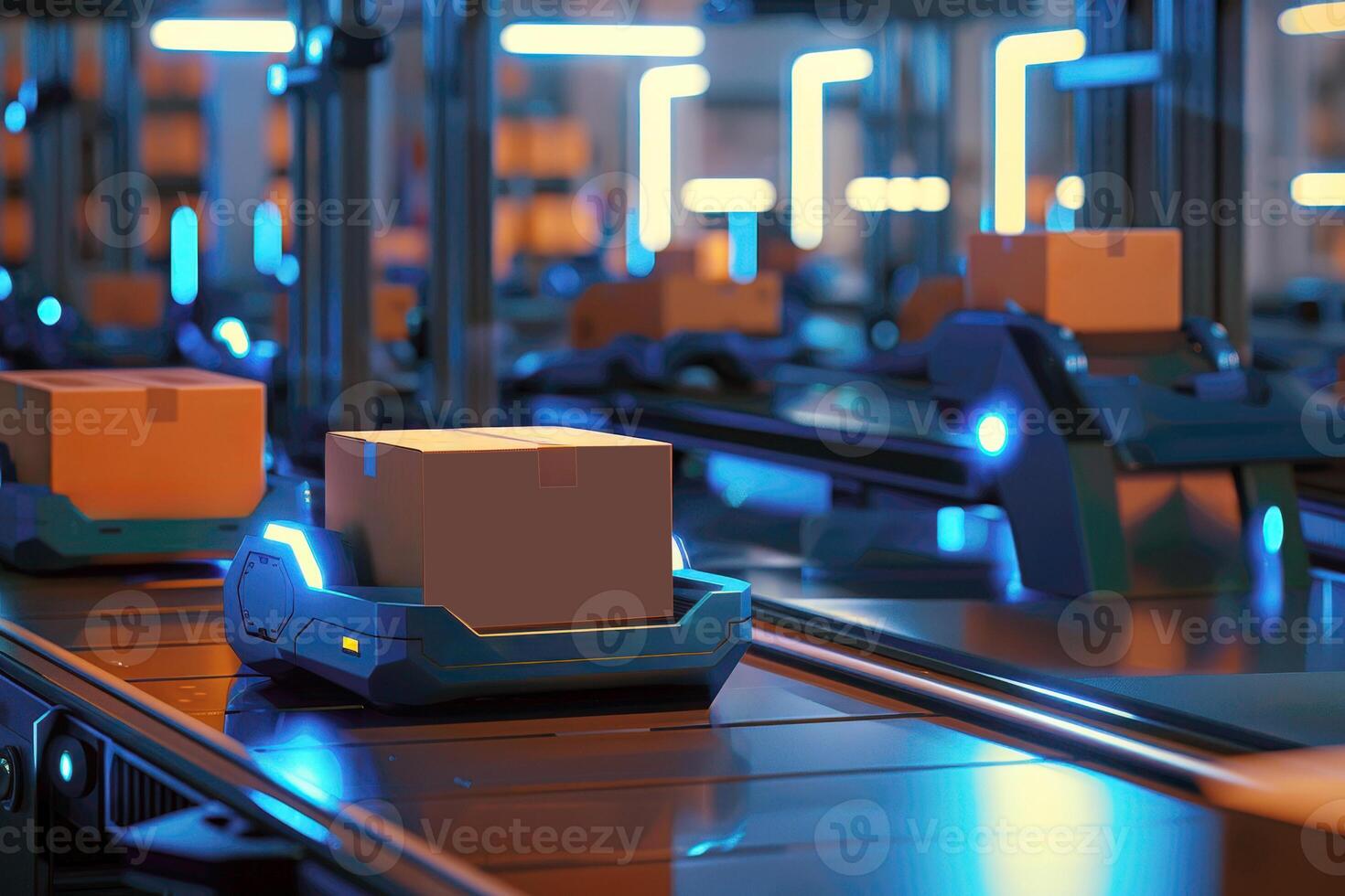 Sleek autonomous robotic vehicle with cardboard box navigating through the high-tech warehouse storage facility photo
