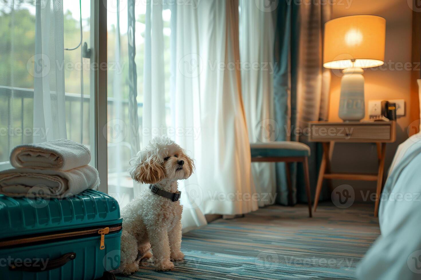 a dog sit near luggage in the a cozy hotel room with a neatly made bed. Creative concept Air transport of pets. photo imitation.