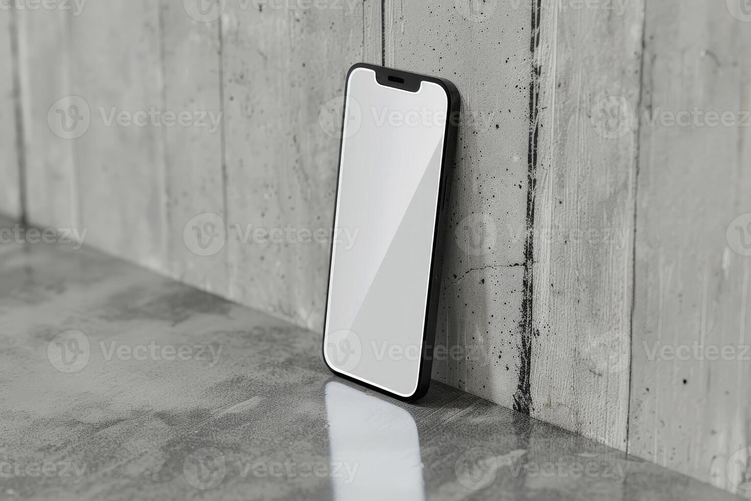 Abstract empty smartphone with mock up screen leaning on purple wall with sunlight and window shadows. Gallery concept. 3D Rendering. photo