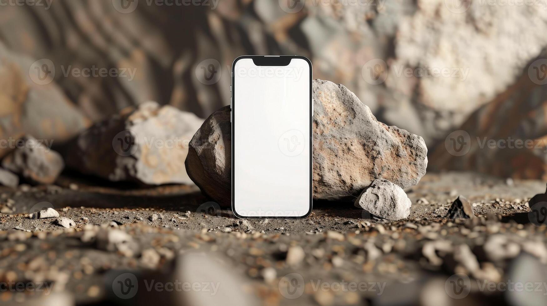 Abstract empty smartphone with mock up screen leaning on rock background photo