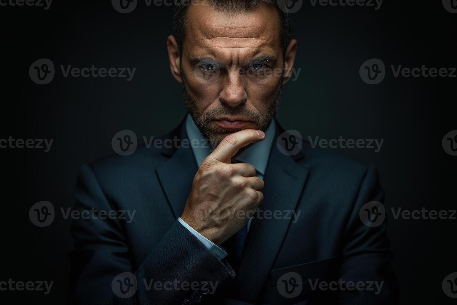 Portrait of a businessman thinking with one hand on his chin looking at camera. Business, curiosity, planning, feasibility analysis, solving problem, finding solution photo
