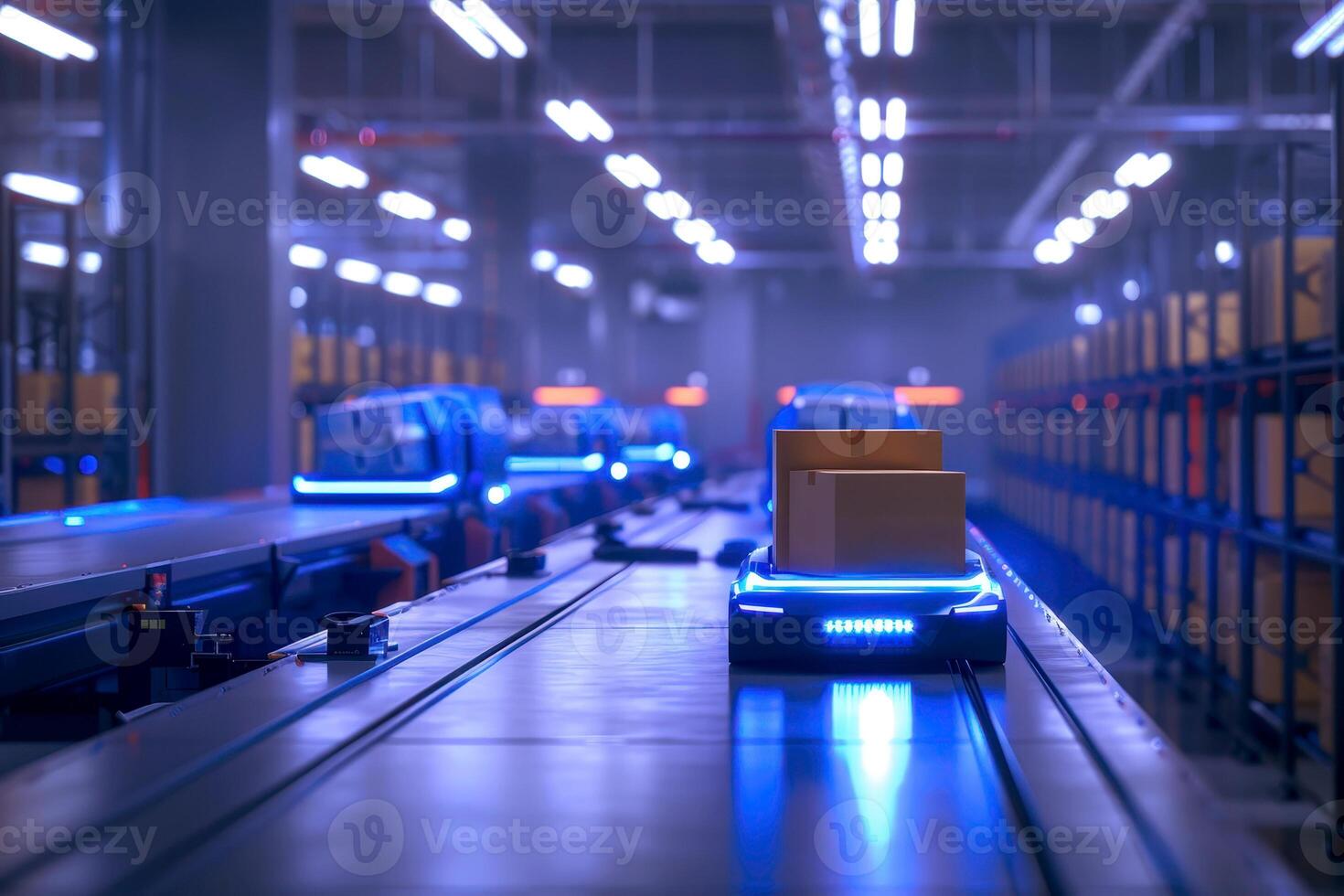 Sleek autonomous robotic vehicle with cardboard box navigating through the high-tech warehouse storage facility photo