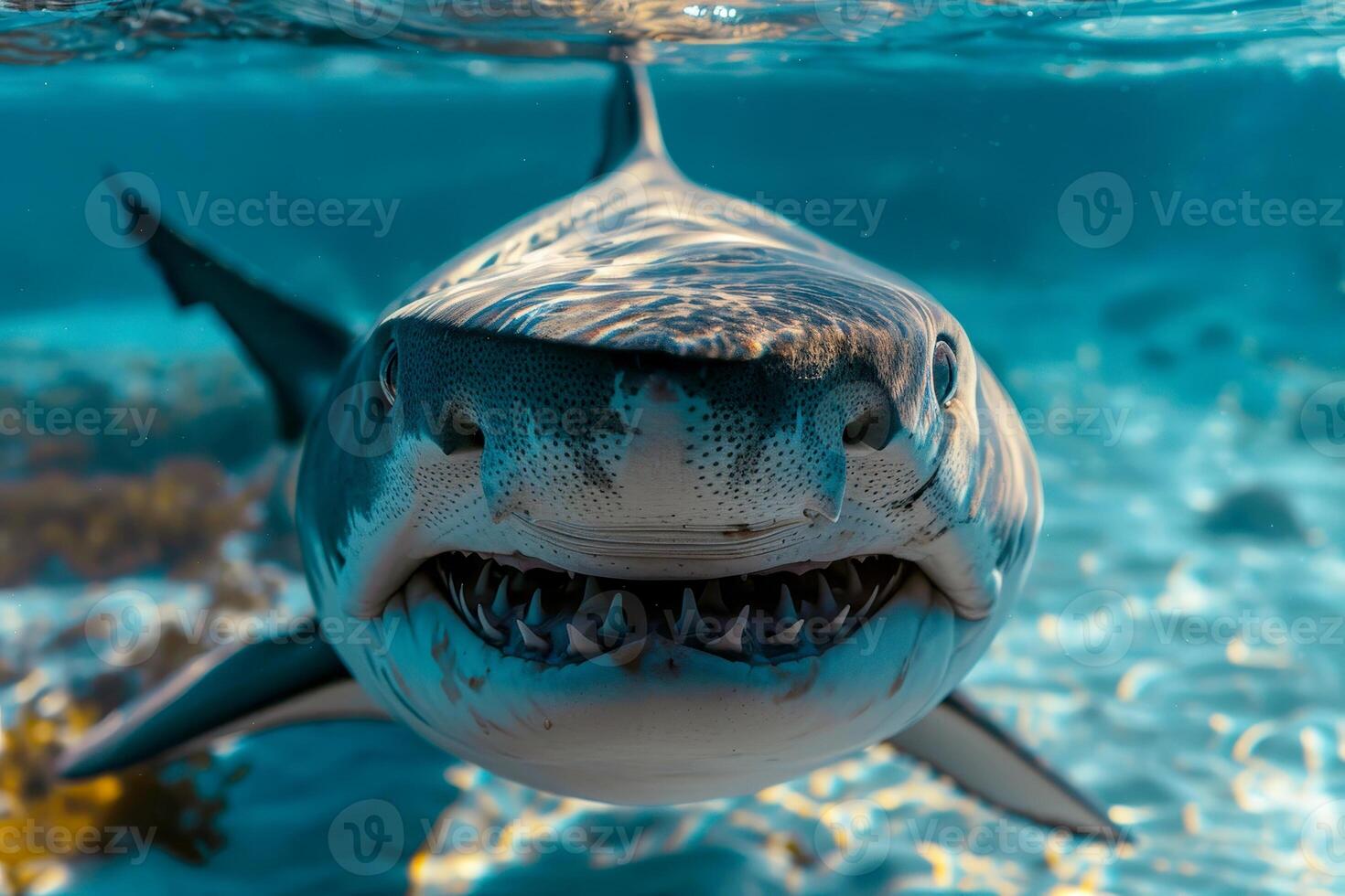 close up Tiger Shark Swimming underwater . 48057132 Stock Photo at Vecteezy