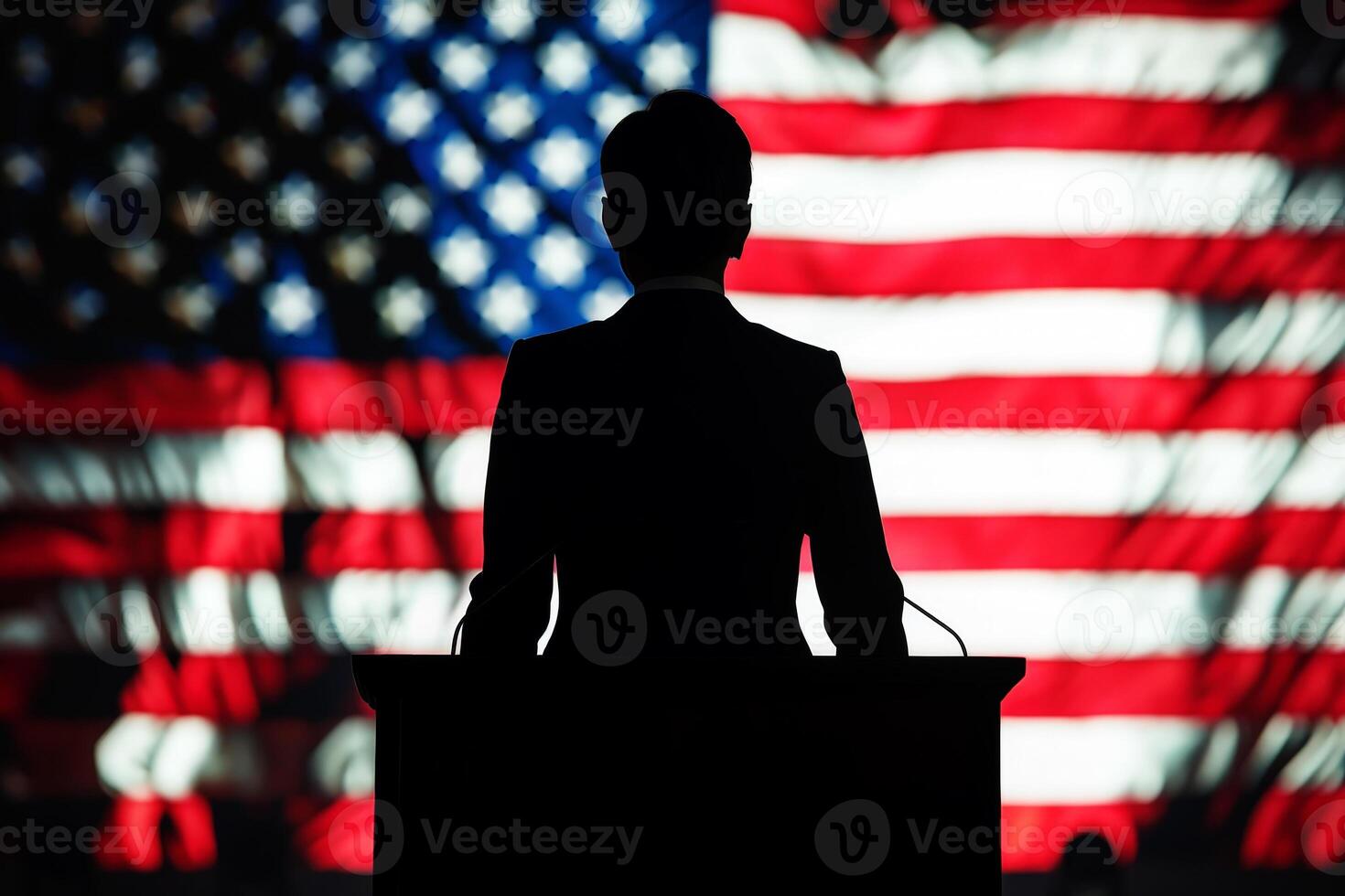 Silhouette of a person at a podium with USA flag background. photo