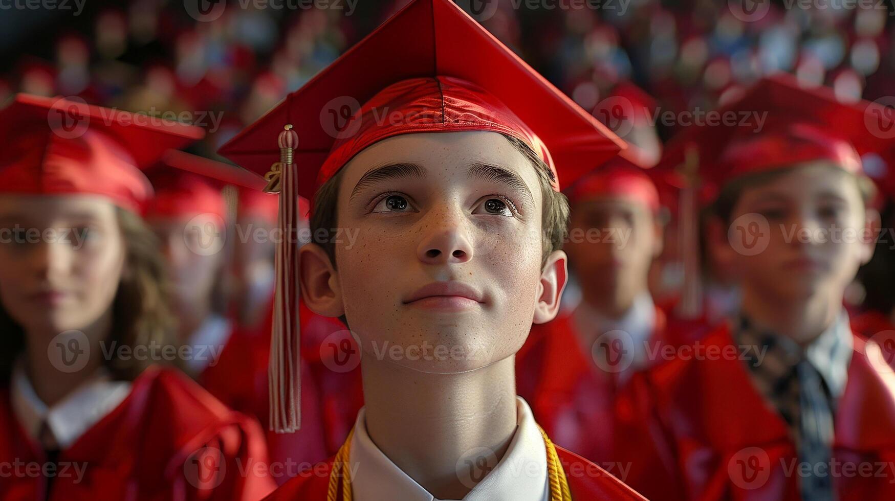 students graduating university college school at their graduation ceremony. Queue of graduates. photo