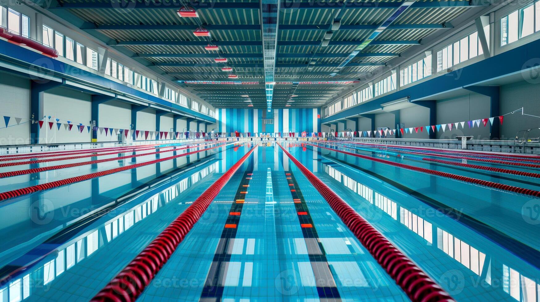 Indoor swimming pool lanes with focused lane ropes and blurred background photo