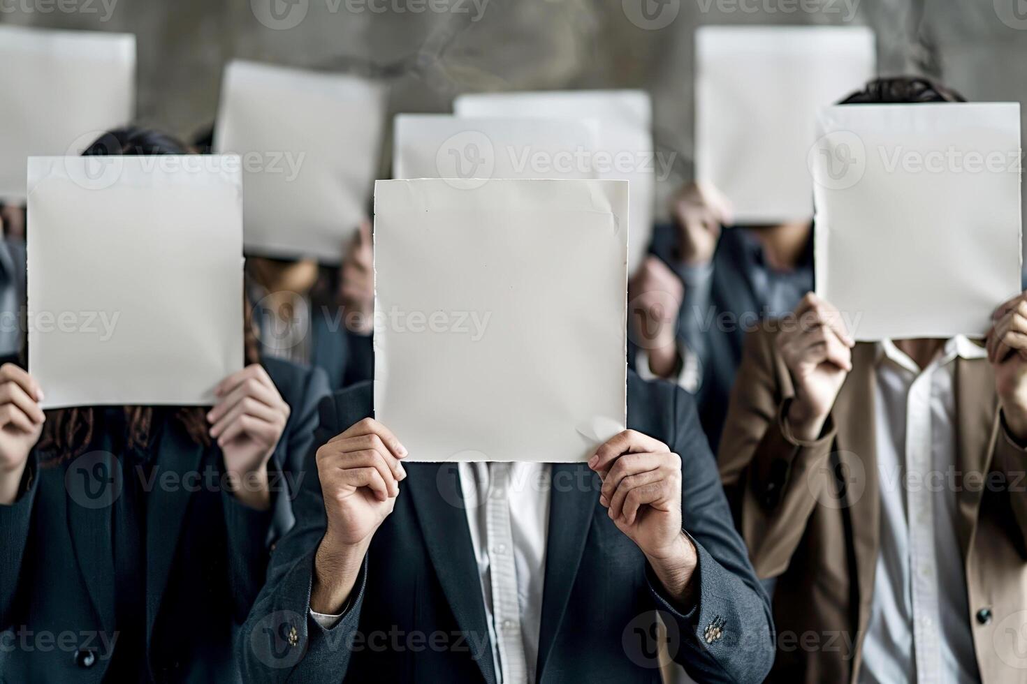 business man holding up an empty sheet of paper with a question mark symbol photo