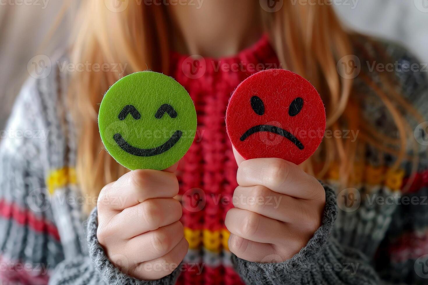 Contrasting Emotions Hands Holding Red and Green Sad Face Icons for Feedback and Customer Satisfaction. photo