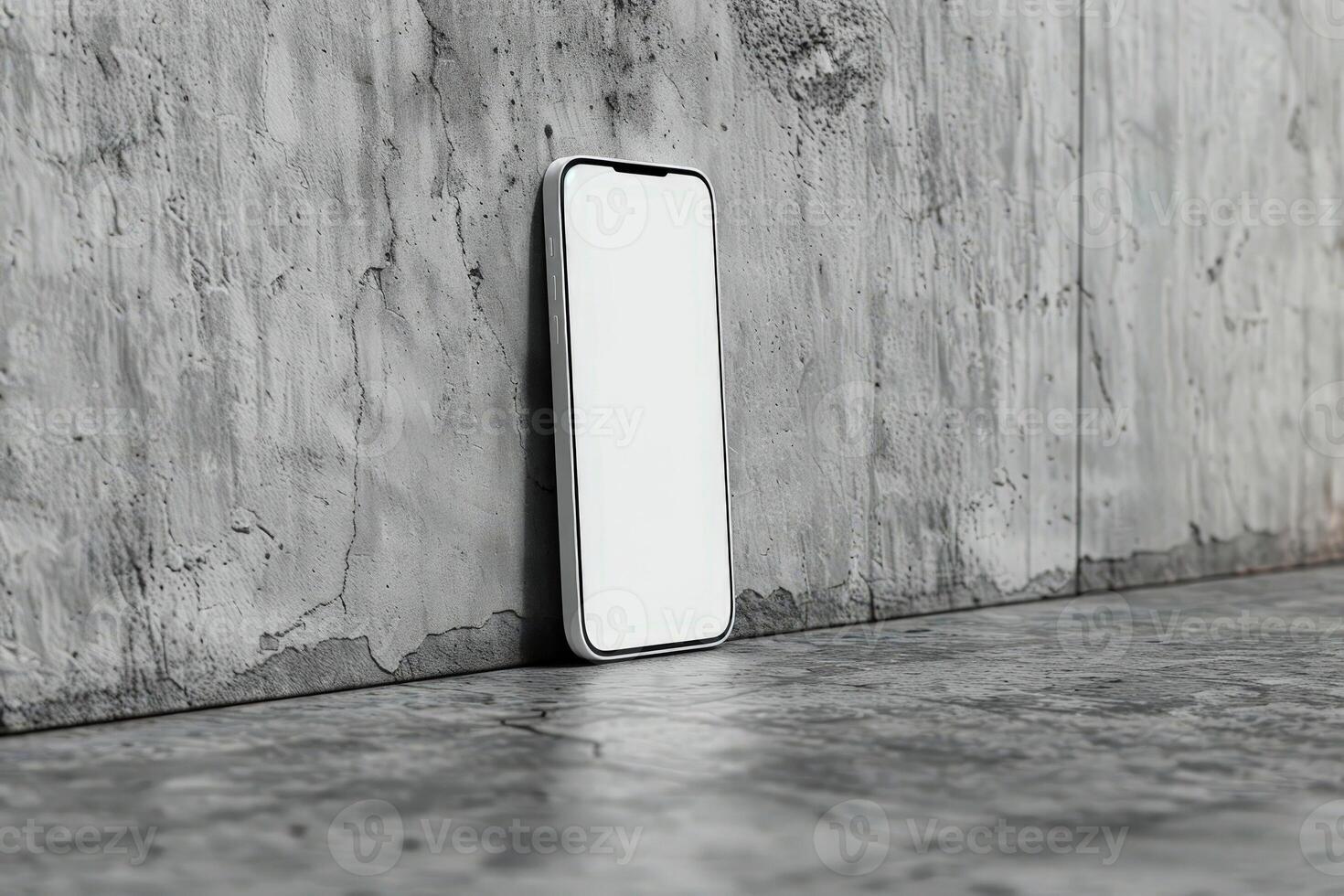 Abstract empty smartphone with mock up screen leaning on purple wall with sunlight and window shadows. Gallery concept. 3D Rendering. photo