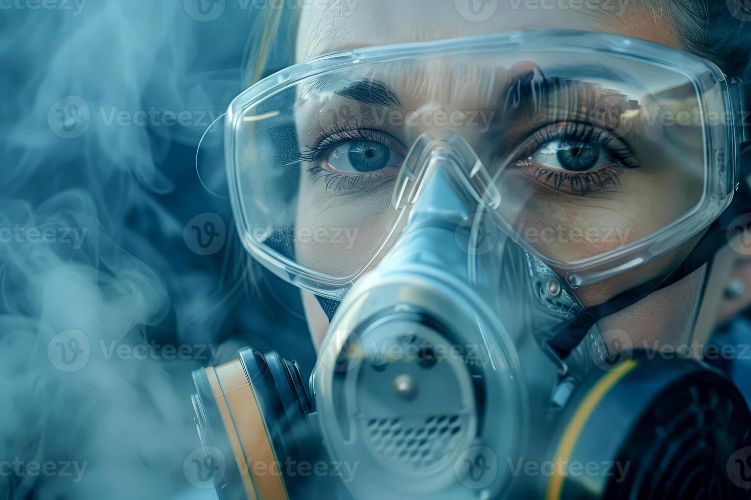 An environmental scientist testing air quality with a portable device in an industrial area, factories behind photo