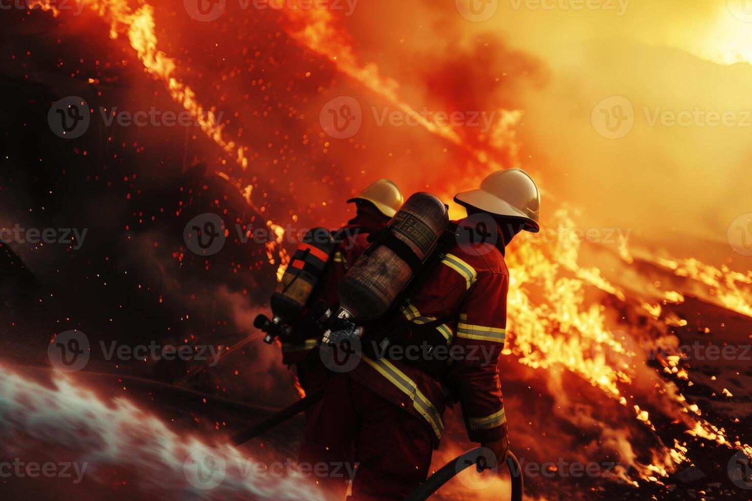 Firefighters fighting the fire in the forest. photo