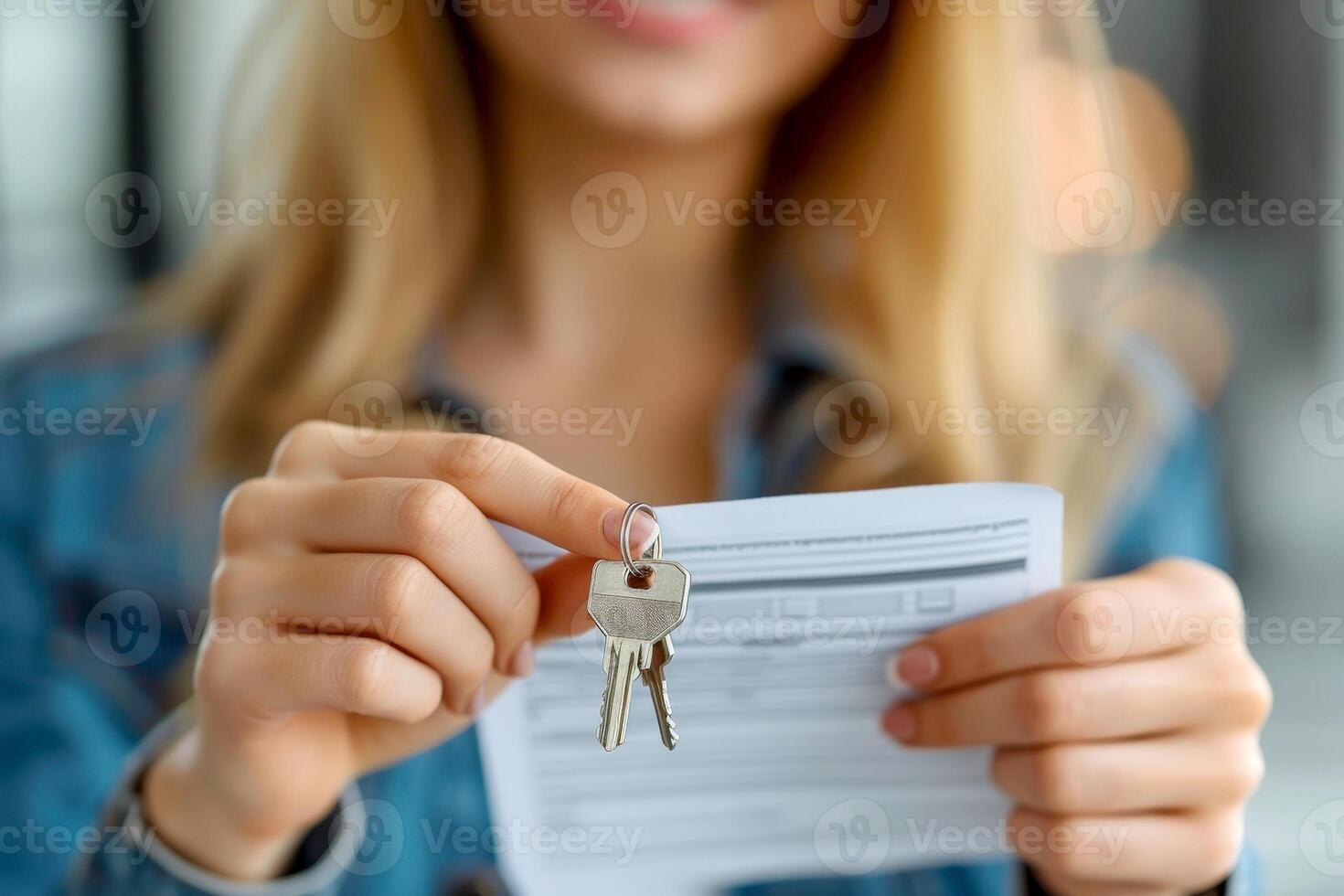 A woman is holding a key in her hand with a document. Concept of Mortgage, Insurance, Loan, Real Estate, and Property Management photo
