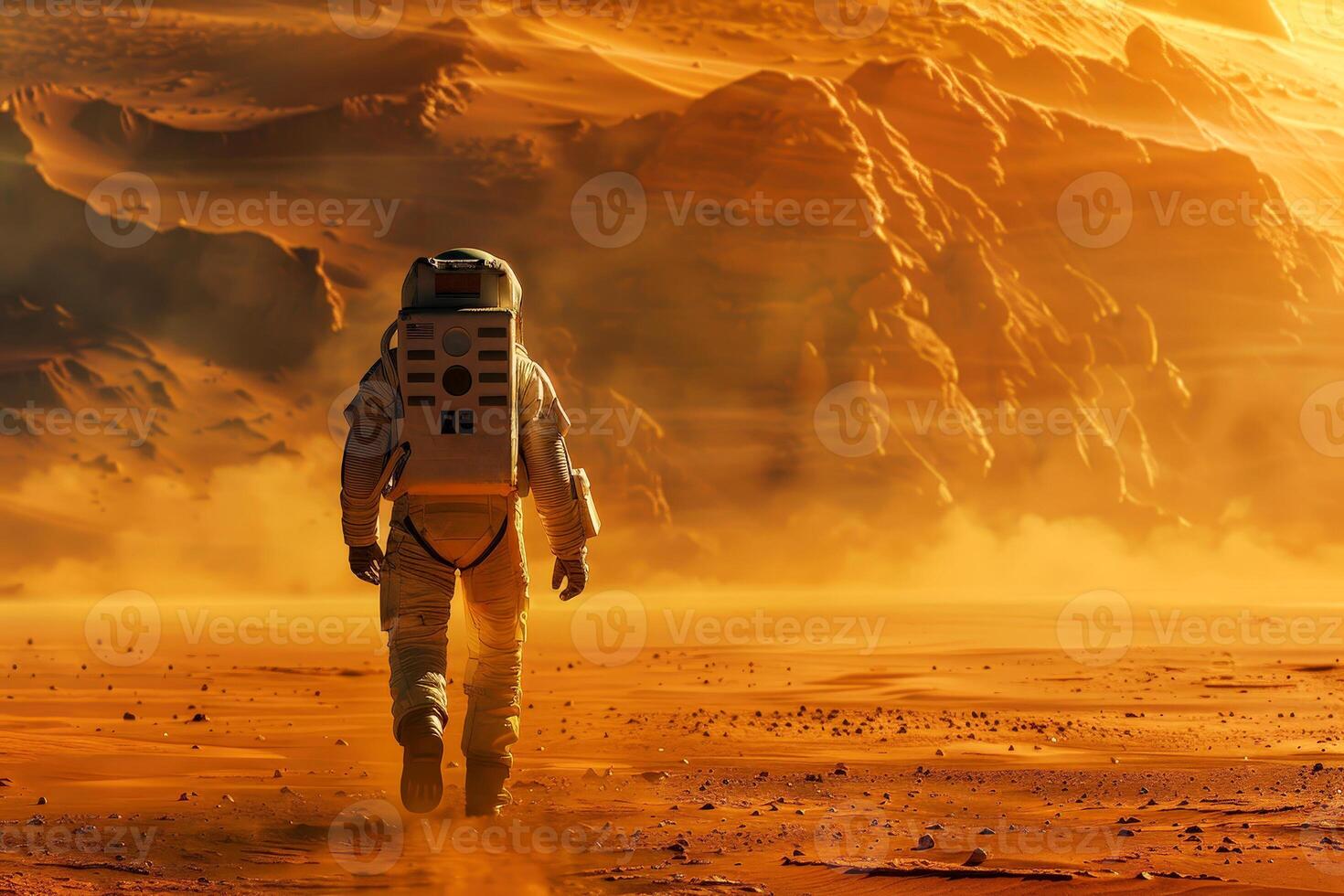 Astronaut in spacesuit on Mars, alone man walking on red planet, An astronaut on an alien planet photo