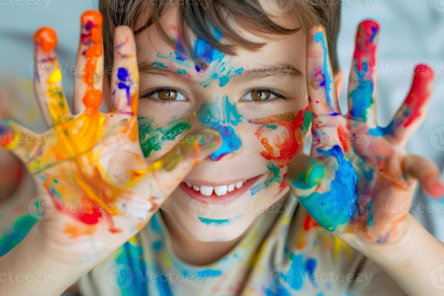 a Child toddler boy got hands dirty in colorful paint photo