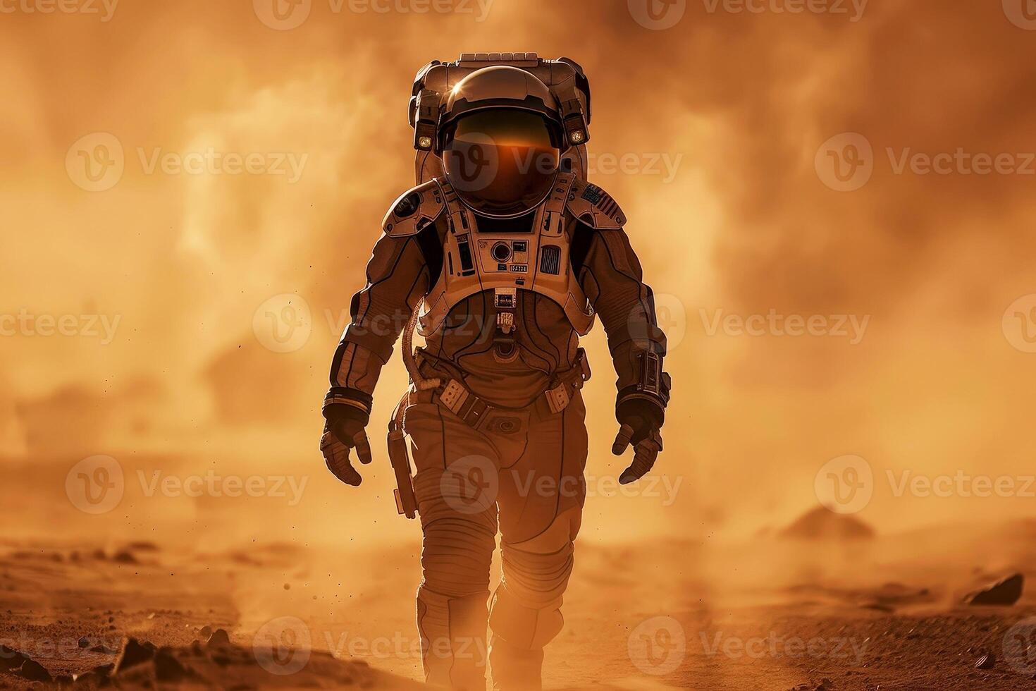 Astronaut in spacesuit on Mars, alone man walking on red planet, An astronaut on an alien planet photo