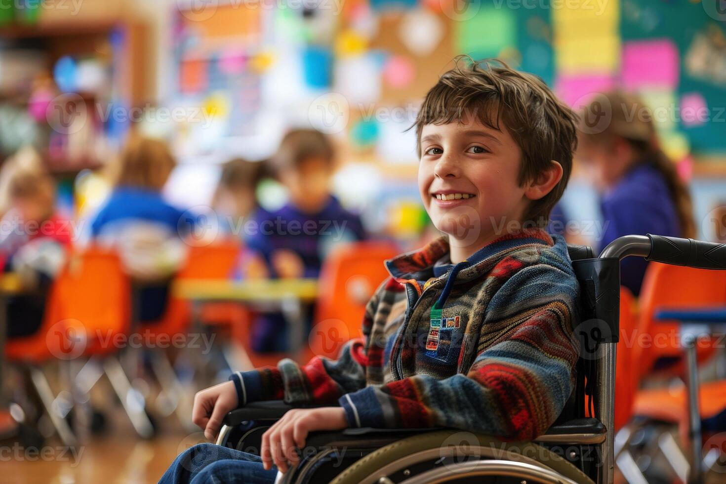 children disabled person in wheelchairs at school, inclusive education . photo
