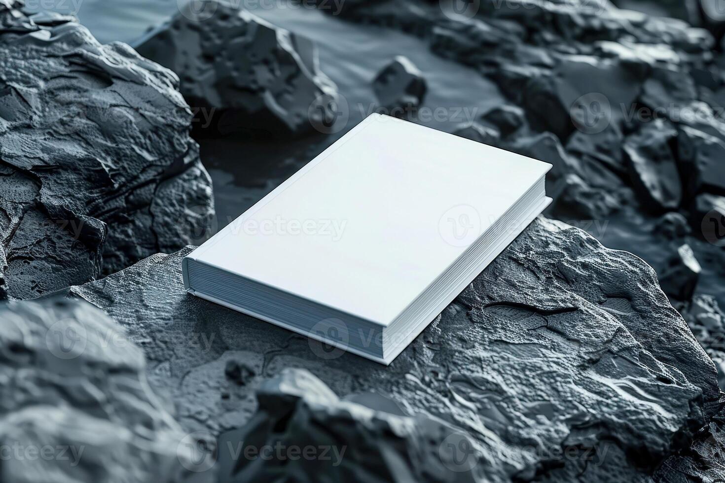 Blank white book for mockup placed on rocks, photo