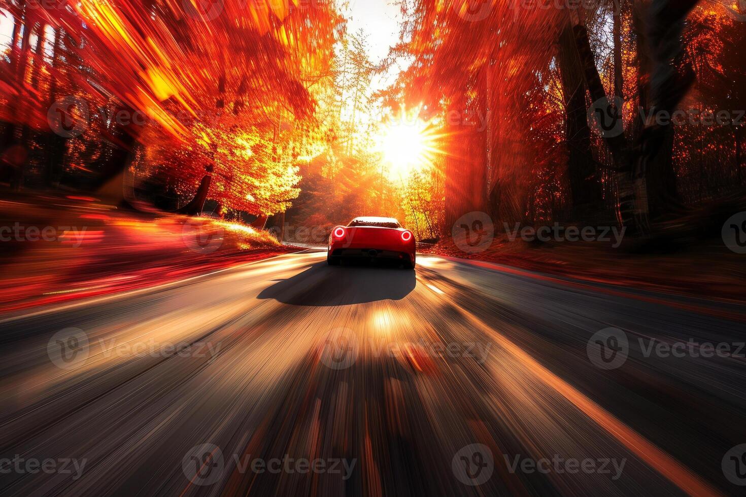 autumn forest road with blurred car motion capturing sense of speed and journey abstract photo