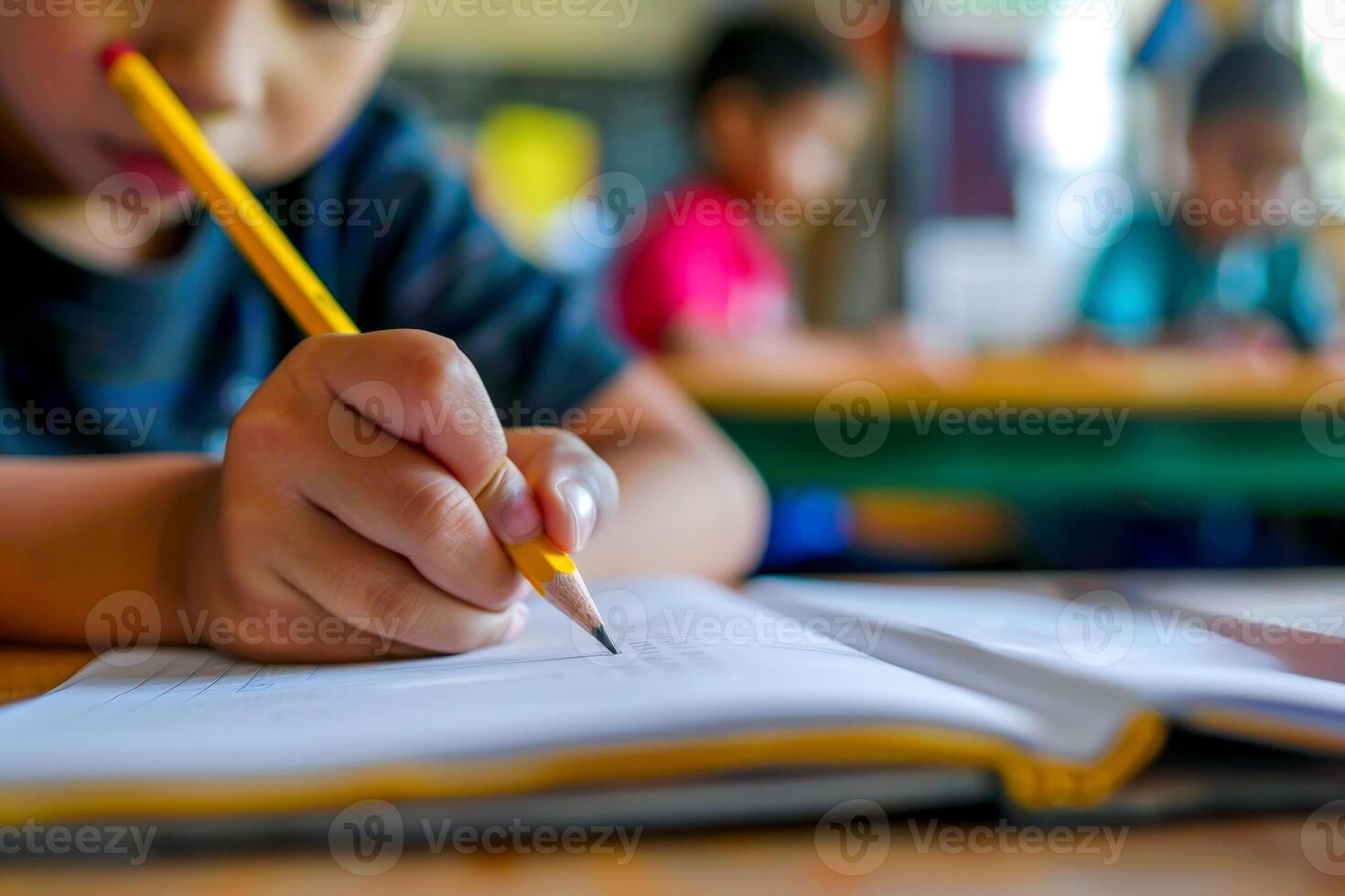 A young boy is sitting at a table, writing in a notebook with a pencil photo
