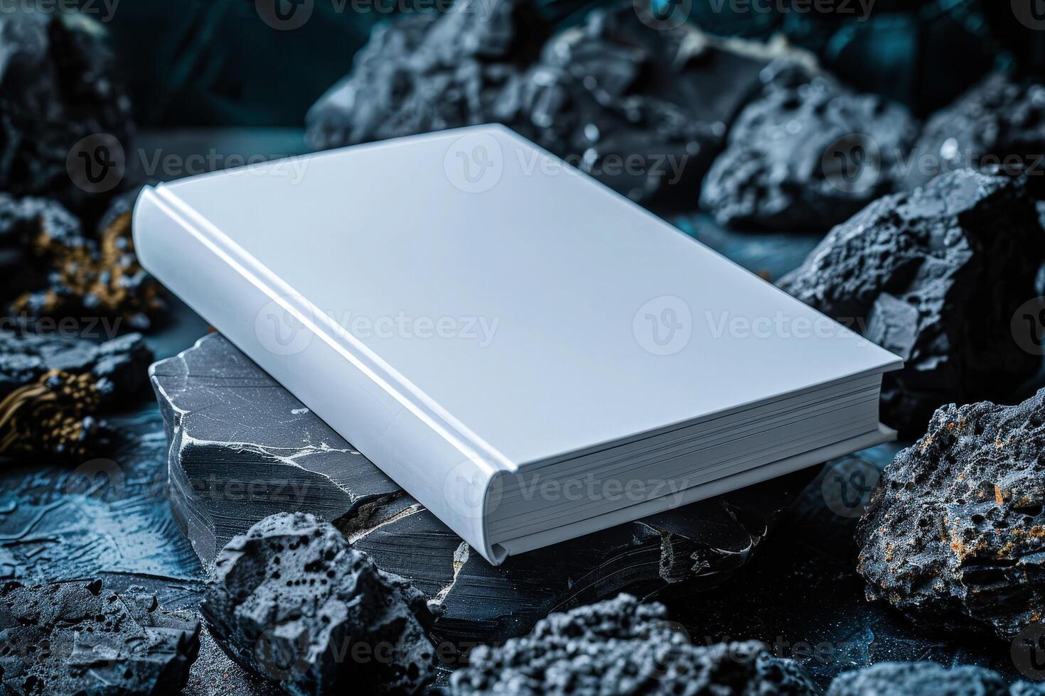 Blank white book for mockup placed on rocks, photo
